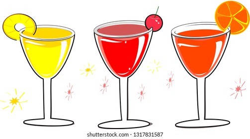 Wine glasses with rounded layouts, summer cocktails, fruit juices, watermelon, orange, pineapple, grapes, lime juice, splash, tropical fruit concept during Songkran Thai, vector illustration