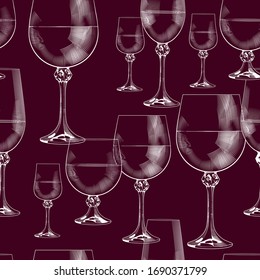 Wine glasses seamless background. Red and white wine. Vintage engraving black and white stylized drawing. Vector illustration.