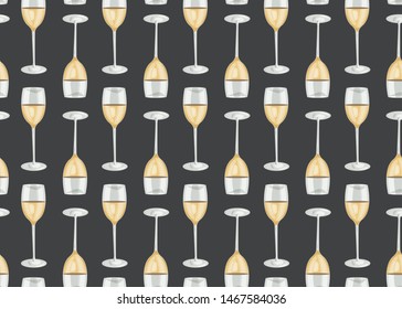 Wine glasses seamless pattern on black background, White wine vector illustration.