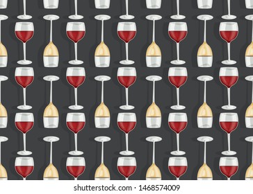 Wine glasses seamless pattern on black background with shadow, White and Red wine vector illustration.