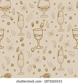Wine glasses seamless pattern on a light brown background. Doodle. Vector background in cappuccino palette. Leaves, flowers and graphic glasses. Suitable for textiles, paper and wallpaper.