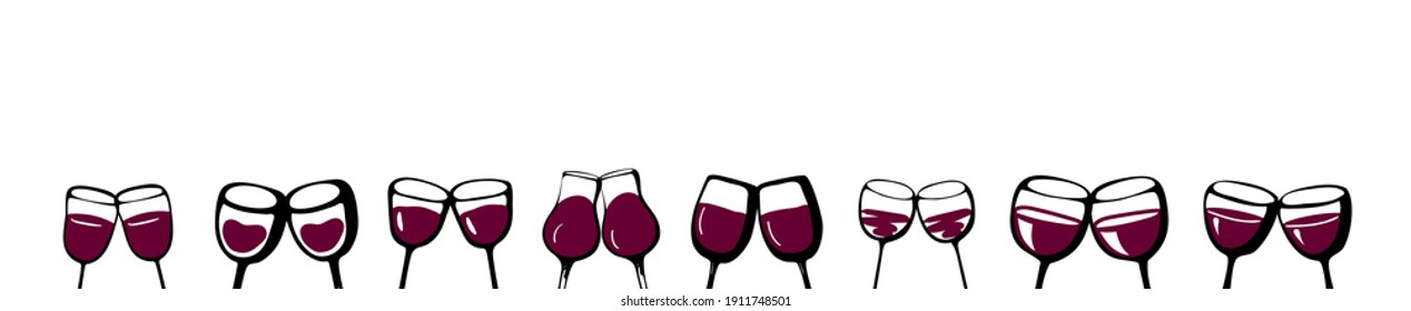 Wine glasses set banner 2 wine glasses couple love - collection of sketched doodle watercolor wineglasses and glass silhouette. Hand drawn glass with red wine inside, isolated ink vector set. Black an