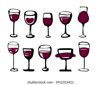 Wine Glasses Set - Collection Of Sketched Doodle Wineglasses And Glass Silhouette. Hand Drawn Glass With Red Wine Inside, Isolated Ink Vector Set