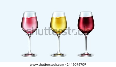 Wine glasses set isolated on white background. Vector realistic illustration of alcoholic beverages in transparent cups for drinks, juice and cocktails, restaurant menu icons, party design elements