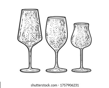 wine glasses set sketch engraving vector illustration. T-shirt apparel print design. Scratch board imitation. Black and white hand drawn image.