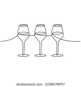 Wine glasses set vector one line continuous drawing. Hand drawn linear silhouette icon. Minimal illustration. Design element for print, banner, card, wall art poster, brochure, logo, menu, packaging.
