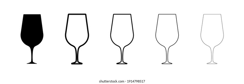 Wine glasses silhouette set. Different thickness glasses. Glass in black color isolated on white background. Silhouette drinking glass icon set. Modern line art design.
