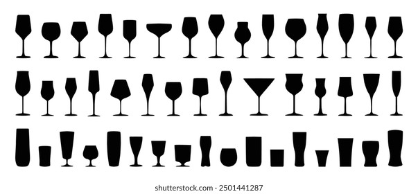Silueta de copas de vino. Conjunto de varios tipos de siluetas de colección de Vector de copa de vino sobre fondo blanco.