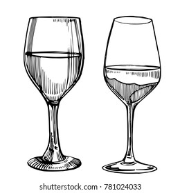 Wine glasses. Sketch vintage illustration. Isolated on white background. Hand drawn engraving style illustrations.