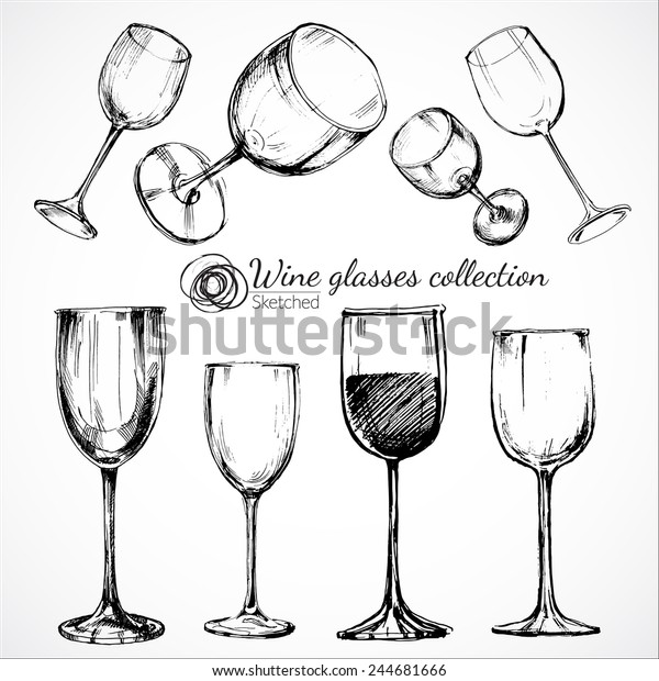 ワイングラス スケッチとビンテージイラスト のベクター画像素材