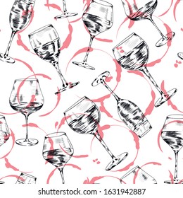 Wine glasses and smears , drink vector seamless pattern on white background. Concept for menu, cards, wallpapers, wrapping paper 