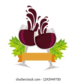 wine glasses toast splashing leaves ribbon vector illustration