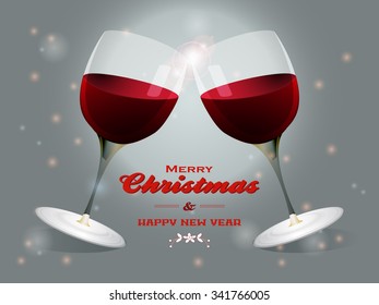 Wine Glasses Touching Over Merry Christmas Text on Festive Glowing Background