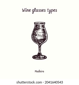 Wine glasses types collection, Madeira. Ink black and white doodle drawing in woodcut style.