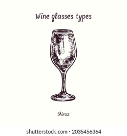 Colección de tipos de lentes de vino, Shiraz. Dibujo de doodle en blanco y negro con tinta de madera.