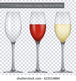 Wine Glasses. Vector illustration of 3 Wine Glasses. One empty and others with red and white wine.