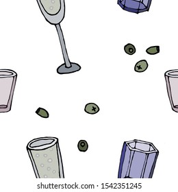 
wine glasses vector illustration. Seamless texture. Pattern. Party, fun, celebration. For print, design, back surface, textiles, tablecloths, kitchens, packaging, linens. Colored hand drawn vector.
