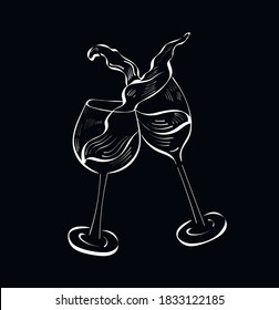 wine glasses, vector outline chalk isolated design elements on dark background. Concept for logo, print, menu