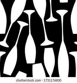 Wine glasses vector seamless pattern background. Simple silhouettes of champagne flutes white black backdrop. Elegant drinkware repeat illustration. All over print for party celebration concept