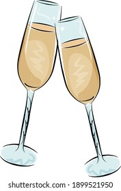 Wine glasses wirh champagne, festive toast. Vector illustration.