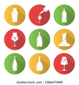 Wine glassware flat design long shadow glyph icons set. Wineglasses, decanters, bottles. Restaurant, pub, winery. Bar tableware. Alcohol beverage, aperitif. Vector silhouette illustration