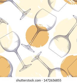 Wine glassware seamless pattern. Alcoholic beverage glasses design. Empty wine glass backdrop. Vector illustration