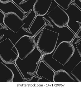 Wine glassware seamless pattern on black background. Empty wine glass backdrop. Engraving style. Alcoholic beverage glasses design. Vector illustration