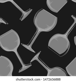 Wine glassware seamless pattern on blackboard.  Empty wine glass backdrop. Alcoholic beverage glasses design.Vector illustration