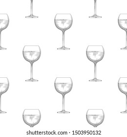 Wine glassware seamless pattern on white background. Empty wine glass backdrop. Design for fabric, textile print, wrapping paper. Vector illustration