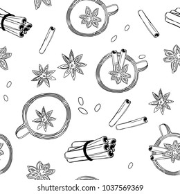 Wine or gluhwein with spices. Hot christmas mulled. Seamless pattern