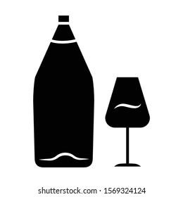 Wine glyph icon. Alcohol bar. Bottle and wineglass. Alcoholic beverage. Restaurant service. Glassware for dessert port wine. Silhouette symbol. Negative space. Vector isolated illustration