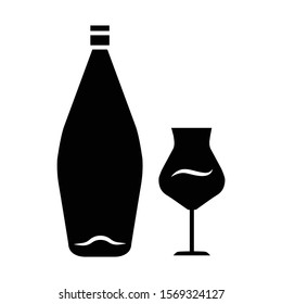 Wine glyph icon. Alcohol bar. Bottle and wineglass. Alcoholic beverage. Restaurant service. Glassware for dessert madeira wine. Silhouette symbol. Negative space. Vector isolated illustration