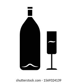 Wine glyph icon. Alcohol bar. Bottle and wineglass. Alcoholic beverage. Champagne glass. Restaurant service. Glassware for flute wine. Silhouette symbol. Negative space. Vector isolated illustration