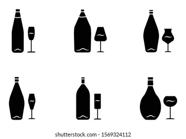 Wine glyph icons set. Bottle and wineglass. Alcoholic beverage. Restaurant service. Glassware for red, white, dessert wine and champagne. Silhouette symbols. Vector isolated illustration