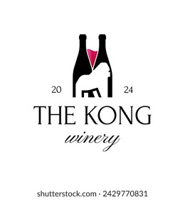 Logo de vino y gorila. Concepto de diseño de botella de vino, ilustración vectorial de silueta de mono gorila kong