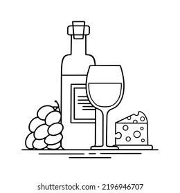 Wine gourmet set. Glass, bunch of grapes and cheese. Black doodle outline vector illustration. Design concept for menu, poster, web, apps