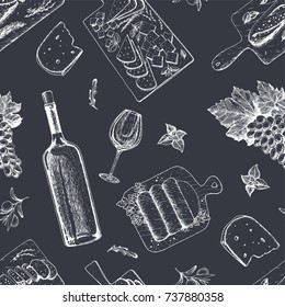 Wine and gourmet snacks seamless pattern. Cheese, meat, bread, grape hand drawn. Gourmet food pattern.