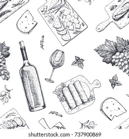 Wine and gourmet snacks seamless pattern. Cheese, meat, bread, grape hand drawn. Gourmet food pattern.