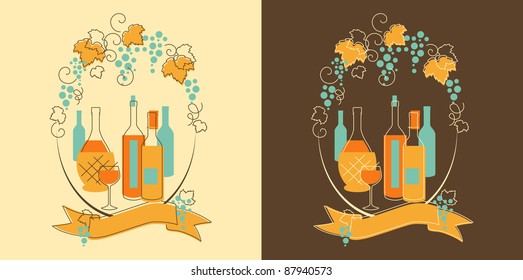 Wine and Grape Banner. Illustration in outline style - Bottles of wine and grapes in two color version