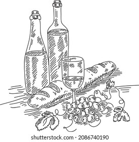 Wine, grape and bread. Sketchy hand-drawn vector illustration.