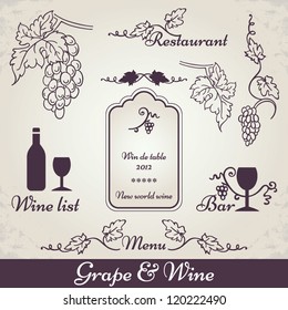 Wine and grape decoration. Vintage vine vector set: ornamental borders, grape frames and decor for cafe, bar and restaurant menu, label, certificate, postcard, page, invitation and layout.