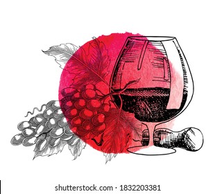 Wine grape. Glass, grape twig. Vector background with wine stains and hand drawn sketch illustration of grapes. Winemaking products in grunge sketch style