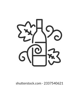 Hojas de vino y uva, icono lineal. Línea con trazo editable