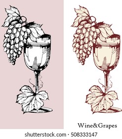 Wine and grape logotype. Winemaking products in sketch style. Vector illustration with wine glass, grapes, grape twig. Classical alcoholic drink. Logo and menu design.