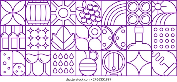 Wine and grape pattern of abstract geometric line shapes, vector drink and food background. Purple bottles, glasses, barrels and pitcher of wine beverage, grape fruit and vine leaf silhouettes pattern
