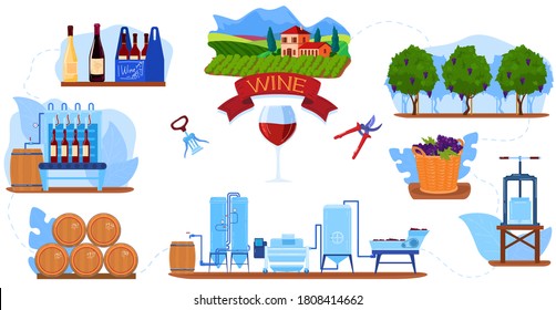 Wine grape production process in winery factory vector illustration. Cartoon flat winemaking infographic poster with harvesting pressing fermentation filtration aging bottling alcohol drink product