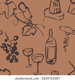 Wine and grape seamless pattern, brush line art drawings