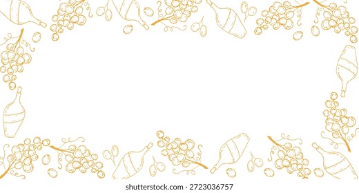 Borde de vino y uvas, elegante marco de menú. Vector de borde de uvas, etiqueta de vino y marco de invitación. Frontera de viñedo, borde de menú de vino rústico