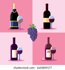 Wine grapes bottle and cup design, Winery alcohol drink beverage restaurant and celebration theme Vector illustration