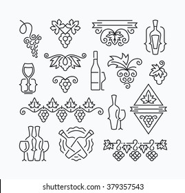 Wine, grapes and bottles' mono line elements for menu, package, design. Vector contour flat logo, emblems, decorations